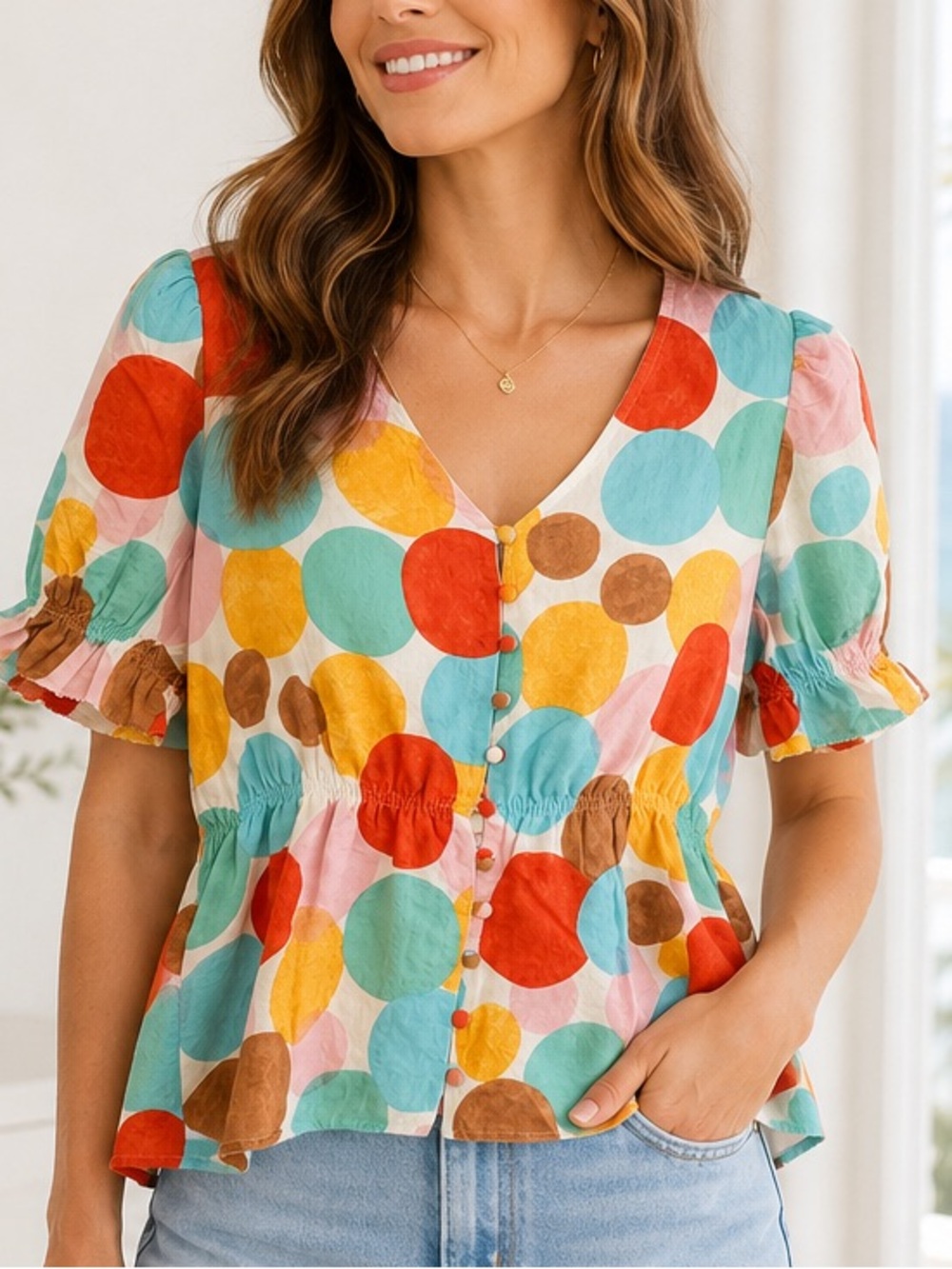THML Colorful Polka Dot Button Front Blouse Size Large Boho Boutique Top